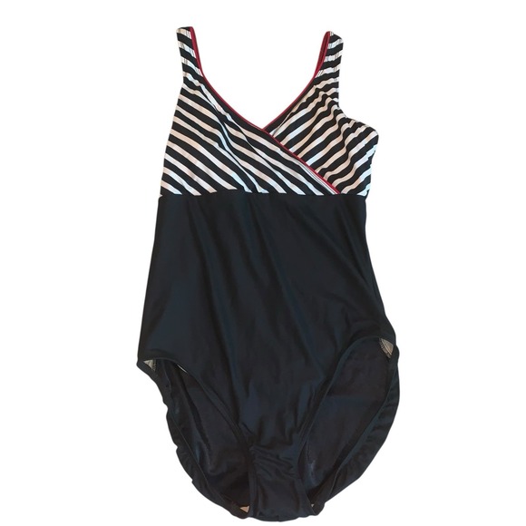 NOS Dillards Sirena Women's Swimsuit Size 12 Nylon Black Striped USA Made NWT - Picture 1 of 8